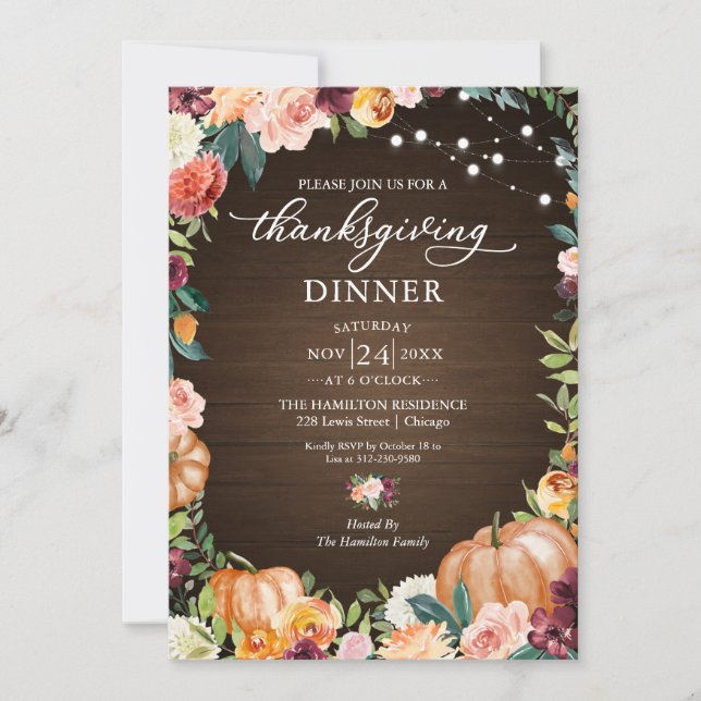 Invitación a la Cena de Acción de Gracias con Flor (Anverso)