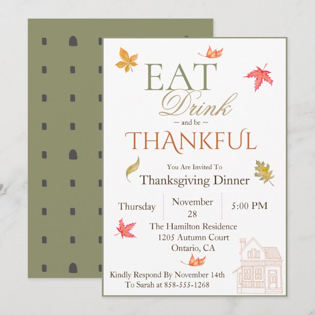 Invitación a la cena de Acción de Gracias de Fall  (Anverso / Reverso)