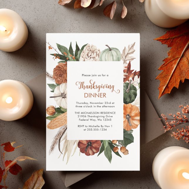 Invitación a la cena de Acción de Gracias de la Ca (Rustic Brown Pumpkin Thanksgiving Dinner Invite)