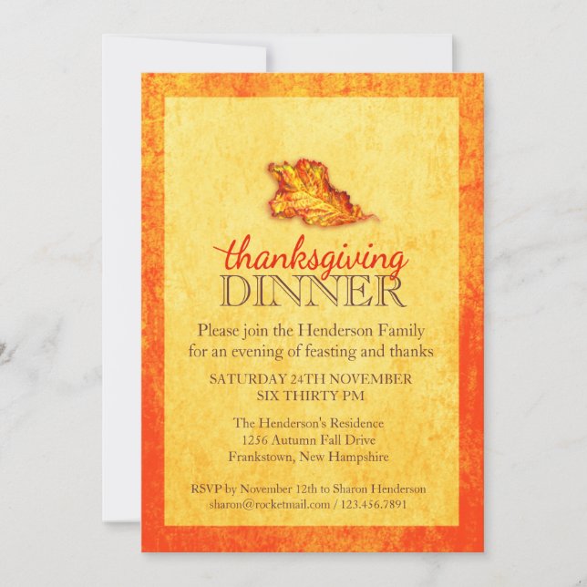 Invitación a la cena de Acción de Gracias del otoñ (Anverso)