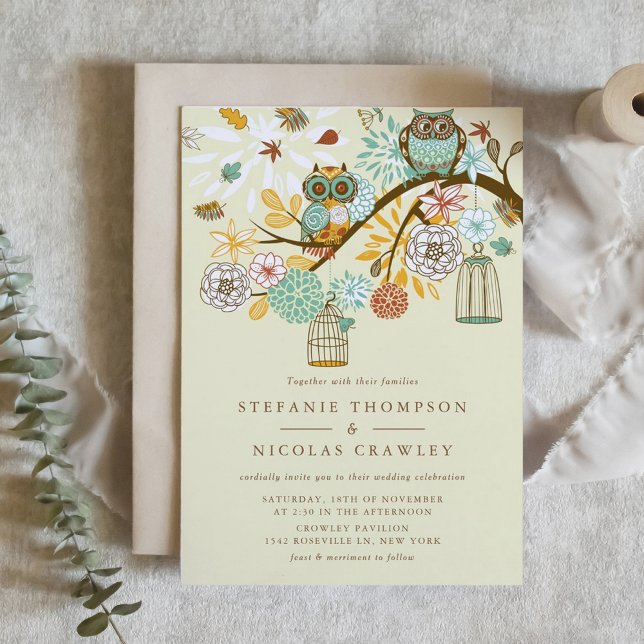 Invitación a la cena de animaciones para el ensayo (Vintage Ornate Owls and Autumn Flowers Wedding Invitation)
