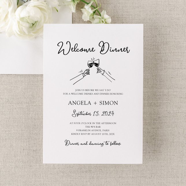 Invitación a la cena de bienvenida por mano (weding welcome dinner invitation, rehearsal dinner invite illustrated, hand drawn hand written)