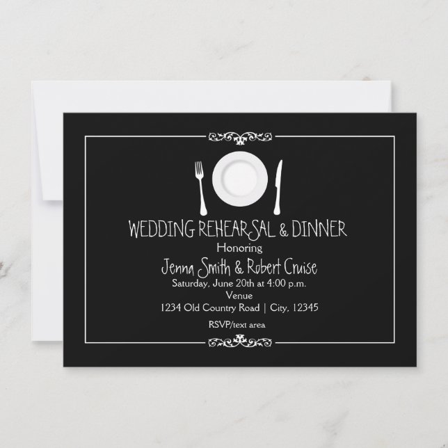 Invitación a la cena de Boda blanco y negro (Anverso)