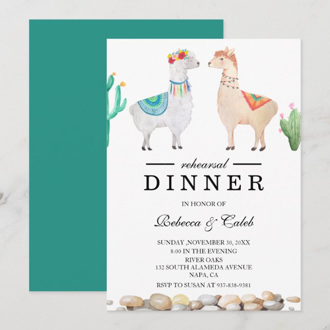 Invitación a la cena de Boda Couple Llama (Anverso / Reverso)