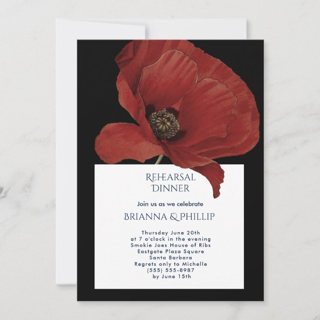 Invitación a la cena de Boda de amapola roja (Anverso)