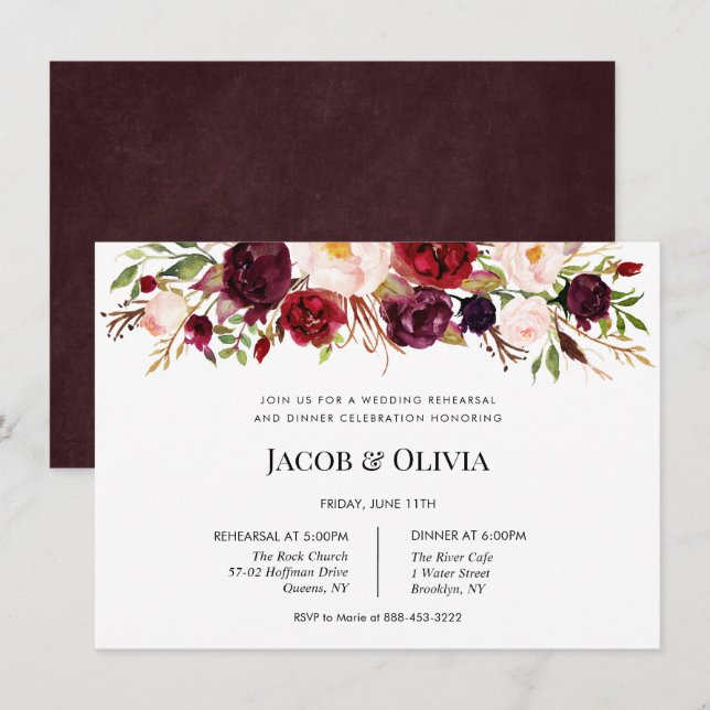 Invitación a la cena de Boda de Borgoña de otoño (Anverso / Reverso)