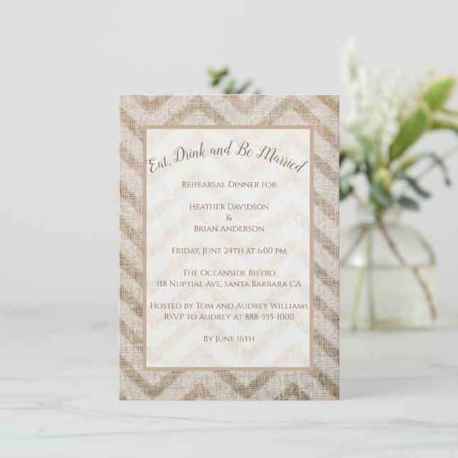 Invitación a la cena de Boda de Burlap Chevron (Anverso de pie)