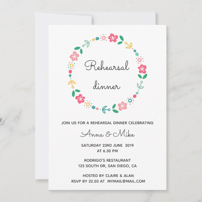 Invitación a la cena de boda de coronas florales (Anverso)