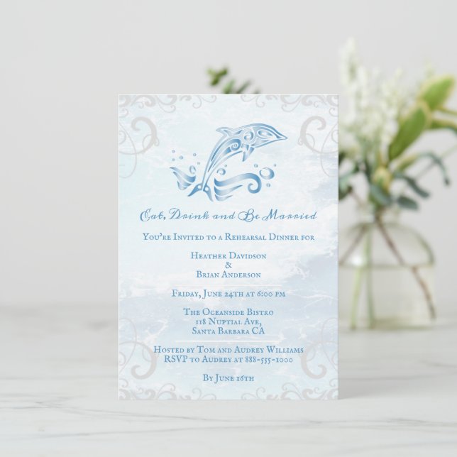Invitación a la cena de Boda de delfines azules (Anverso de pie)