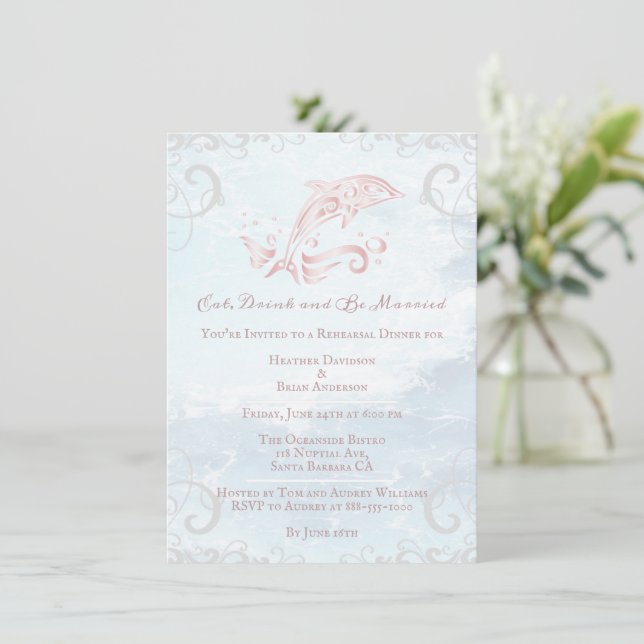 Invitación a la cena de Boda de delfines rosados (Anverso de pie)