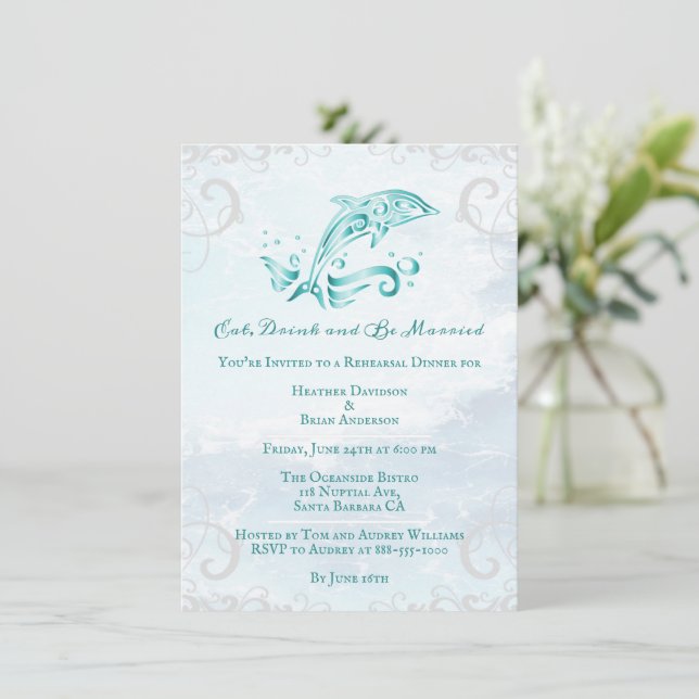 Invitación a la cena de Boda de delfines verde azu (Anverso de pie)