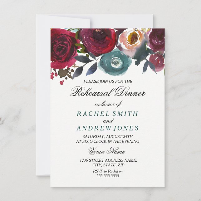 Invitación a la cena de Boda de flores rojas de Bo (Anverso)