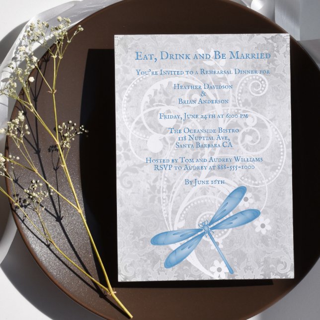 Invitación a la cena de Boda de la libélula azul (Blue Dragonfly Wedding Rehearsal Dinner Invitation)