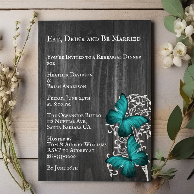 Invitación a la cena de Boda de mariposa verde azu (Teal Rustic Butterfly Wedding Rehearsal Dinner Invitation)