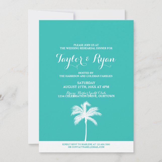 Invitación a la cena de Boda de Palm Tree Aqua (Anverso)