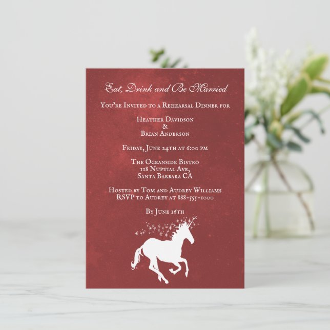 Invitación a la cena de Boda de Unicornio Rojo (Anverso de pie)