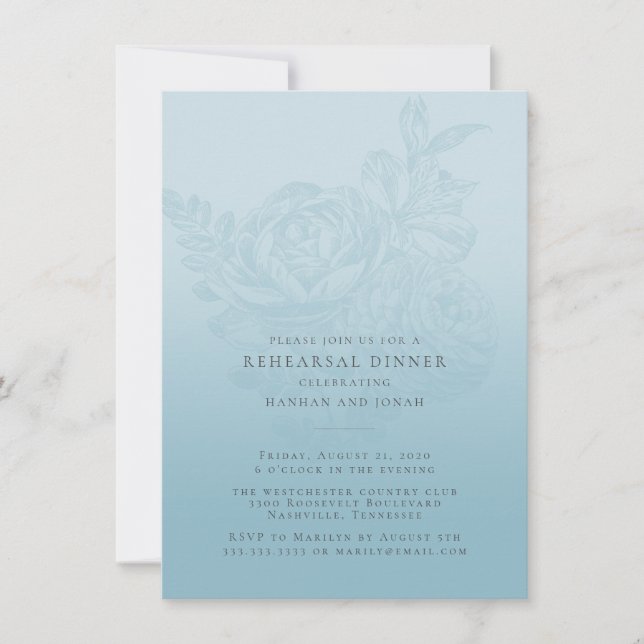 Invitación a la cena de Boda floral azul (Anverso)