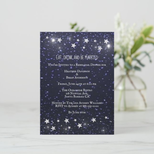 Invitación a la cena de Boda nocturno estrellado (Anverso de pie)