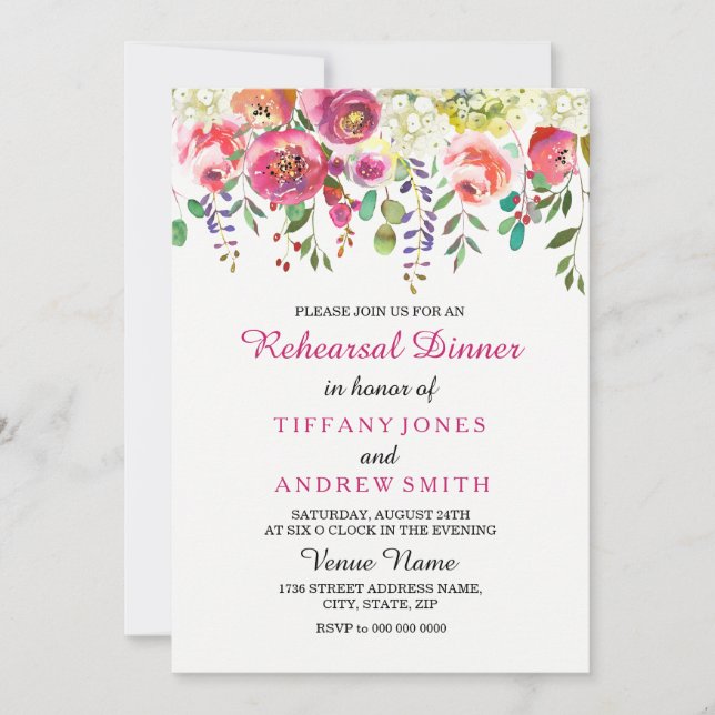 Invitación a la cena de boda rosado de primavera (Anverso)