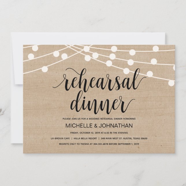 Invitación a la cena de bodas con luces de cuerda (Anverso)
