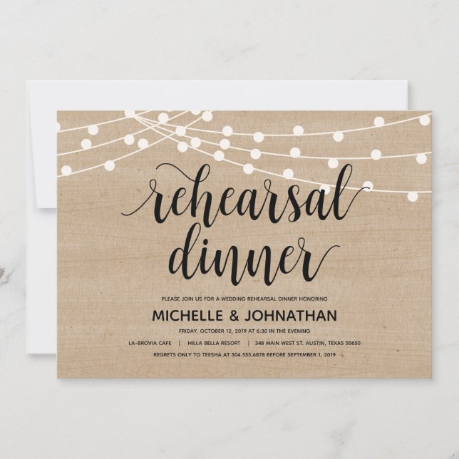 Invitación a la cena de bodas con luces de cuerda (Anverso)