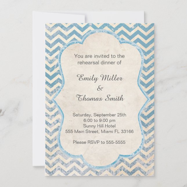 Invitación a la cena de Chevron Rustic Blue (Anverso)