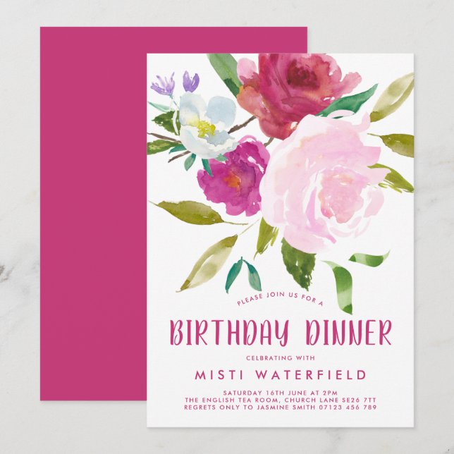 Invitación a la cena de cumpleaños floral en negri (Anverso / Reverso)