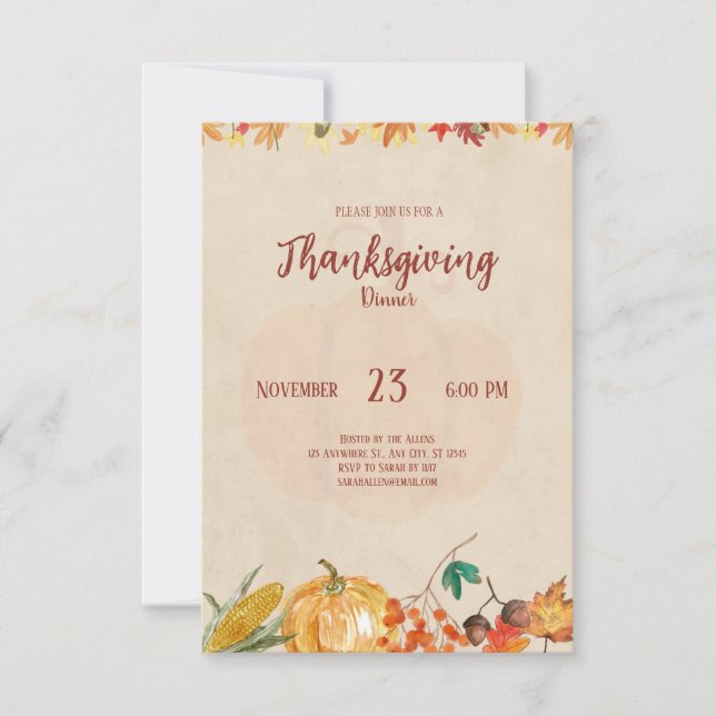 Invitación a la cena de día de gracias de calabaza (Anverso)