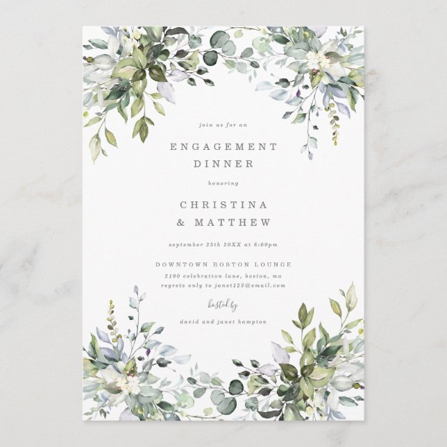 Invitación a la cena de Dusty Blue Florals Engagem (Anverso)