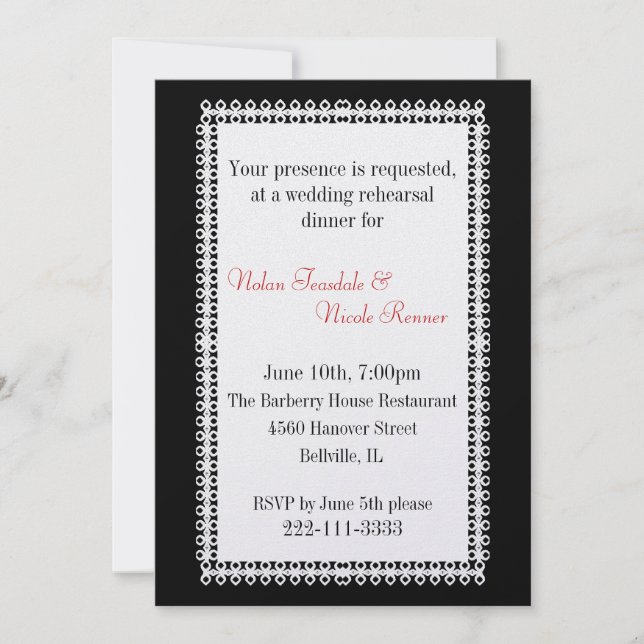 Invitación a la cena de elegante ensayo de boda (Anverso)