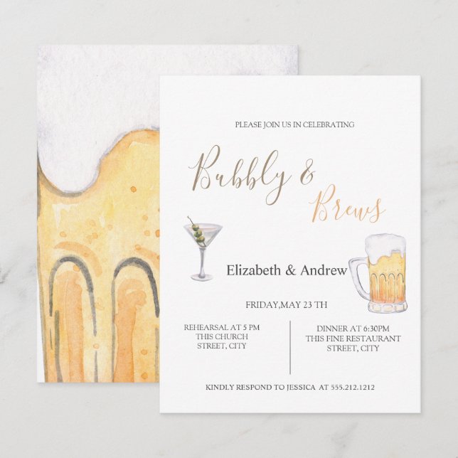 Invitación a la cena de ensayo Bubbly & Braws (Anverso / Reverso)