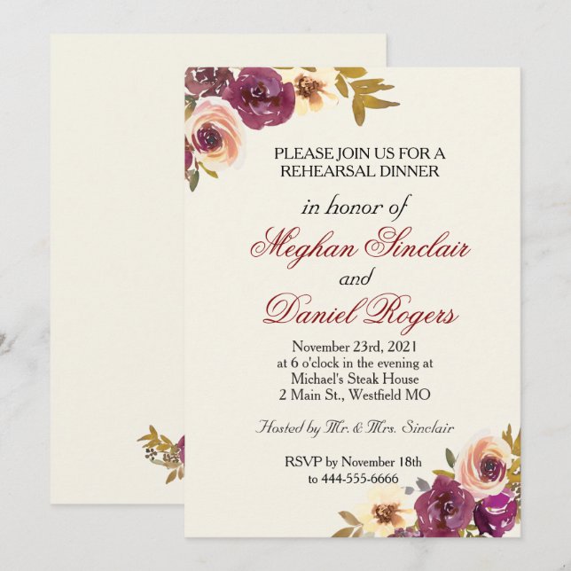 Invitación a la cena de ensayo de acuarela floral  (Anverso / Reverso)