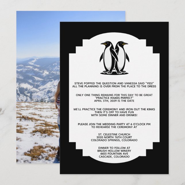 Invitación a la cena de ensayo de amor pingüino (Anverso / Reverso)