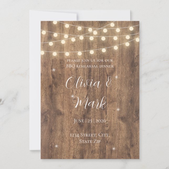 Invitación a la Cena de Ensayo de BBQ Rústico (Anverso)