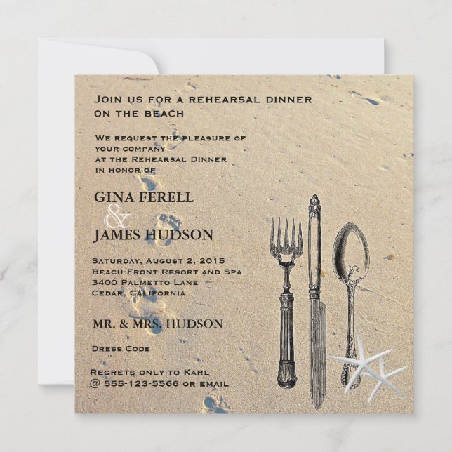 Invitación a la cena de ensayo de boda en la playa (Anverso)