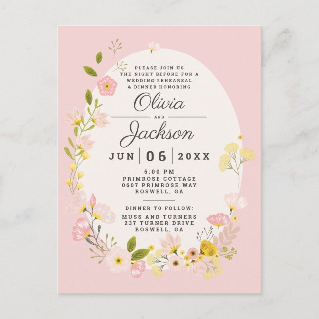 Invitación a la cena de ensayo de boda floral rosa (Anverso)