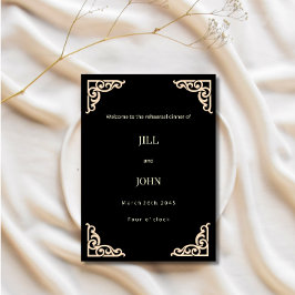 Invitación a la cena de ensayo de boda negro y dor
