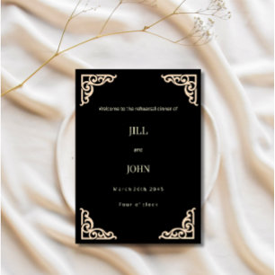 Invitación a la cena de ensayo de boda negro y dor