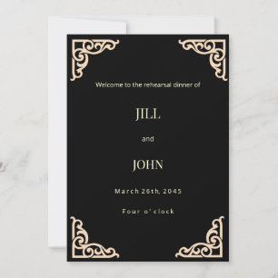 Invitación a la cena de ensayo de boda negro y dor