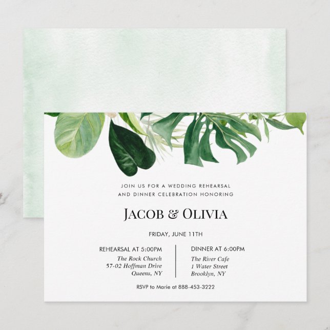 Invitación a la cena de ensayo de Boda verde tropi (Anverso / Reverso)