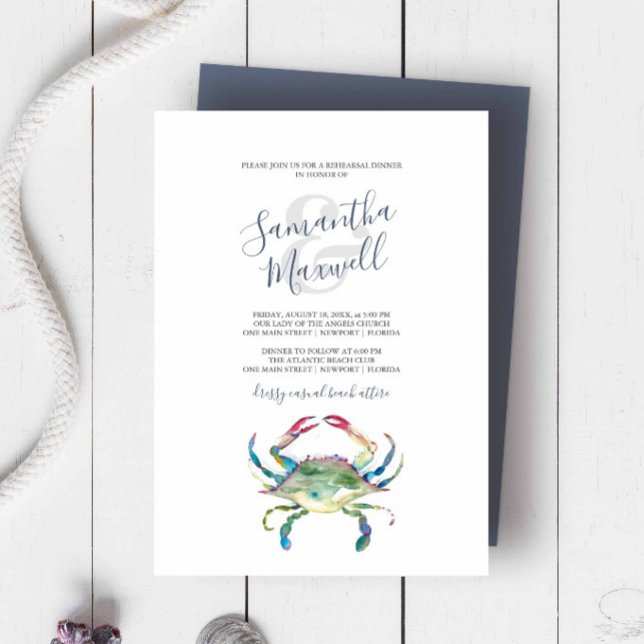 Invitación a la Cena de Ensayo de Cangrejo con Acu (Rehearsal dinner invitation beach wedding watercolor blue crab art by Victoria Grigaliunas.)