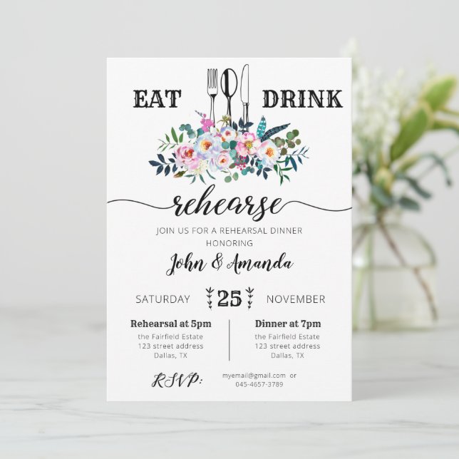 Invitación a la cena de ensayo de comidas y bebida (Anverso de pie)