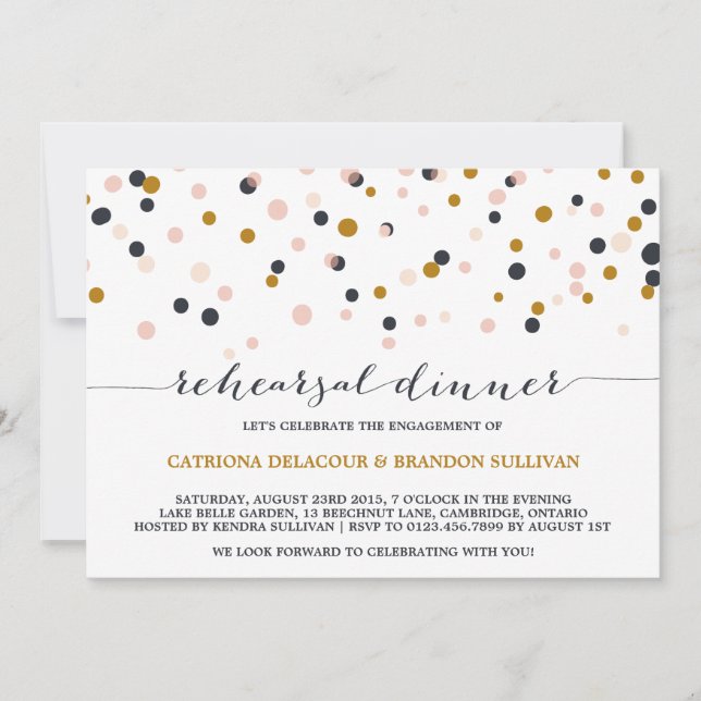 Invitación a la cena de ensayo de confetti rosado  (Anverso)