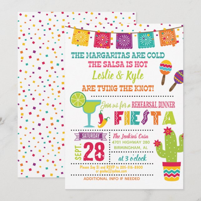 Invitación a la cena de ensayo de Fiesta - Blanco (Anverso / Reverso)