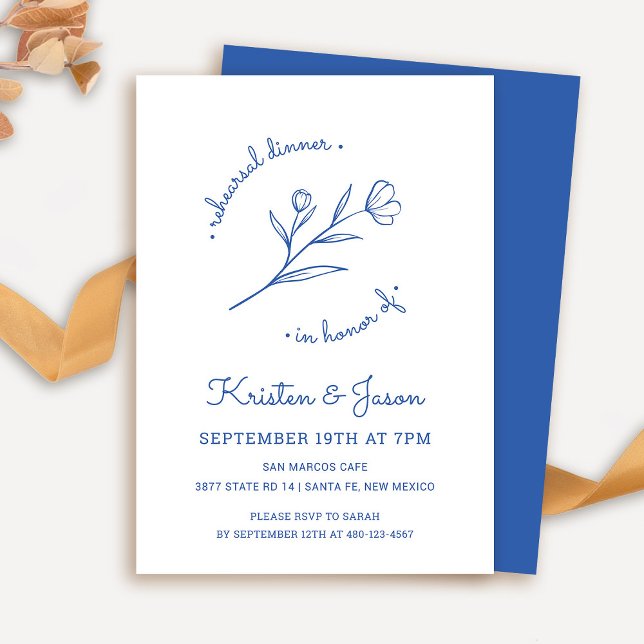 Invitación a la cena de ensayo de flores silvestre (Wildflower Rehearsal Dinner Invitation in Cobalt Blue)