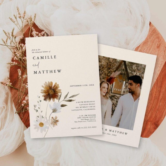Invitación a la cena de ensayo de foto de flor sil (Simple Boho Photo Rehearsal Dinner Invitation)