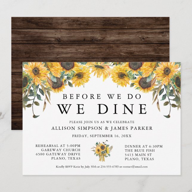 Invitación a la cena de ensayo de girasol rural (Anverso / Reverso)