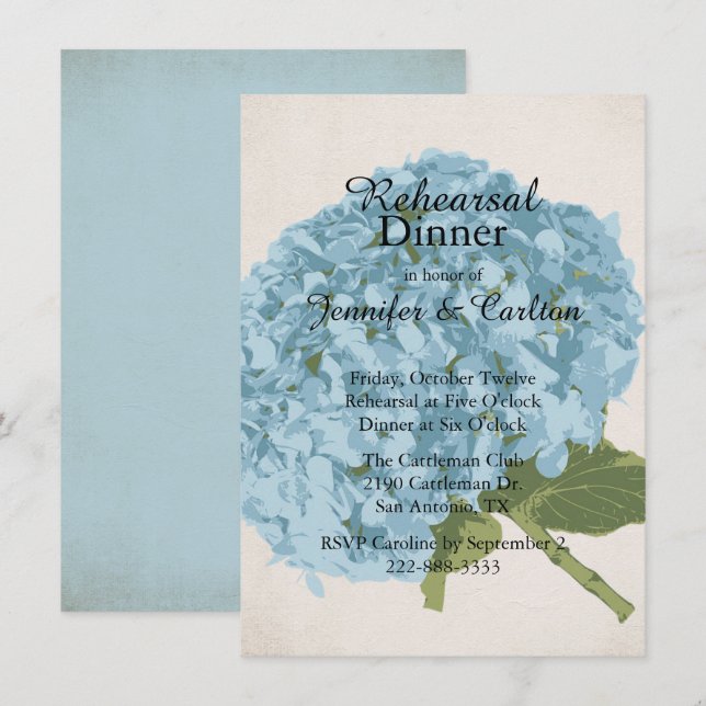 Invitación a la cena de ensayo de hidrangea azul (Anverso / Reverso)