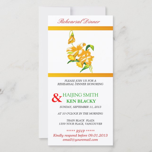 Invitación a la cena de ensayo de la orquídea amar (Anverso)