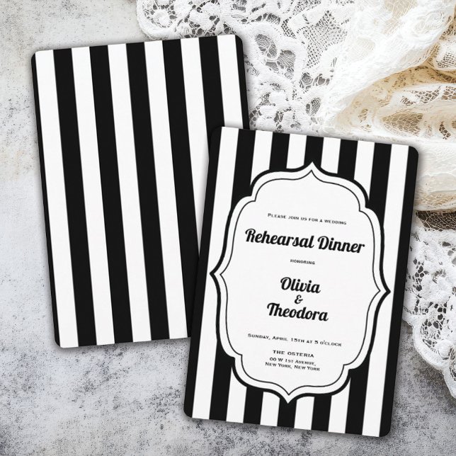Invitación a la cena de ensayo de raya moderna vin (vintage modern elegant black and white stripe rehearsal dinner invitation)